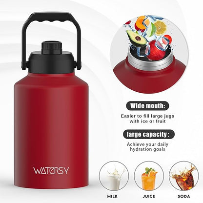 WATERSY Half Gallon Water Bottle Insulated(Cold for 48 Hrs),BPA Free&Leak Proof,64oz Stainless Steel Water Jug/Flask,Big thermo,Large Water Bottle with Handle for Gym,Hiking,Camping,Red