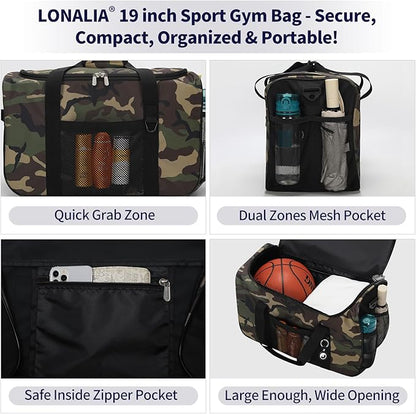 35L Sports Gym Duffle Bag - 19 inch Weekender Duffel for Workout, Basketball, Fitness, Training(Camo)
