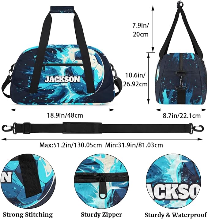 Personalized Soccer Gym Duffel Bags for Kids Boys with Custom Name Sport Training Travel Bags for Overnight Weekender, Black Cyan