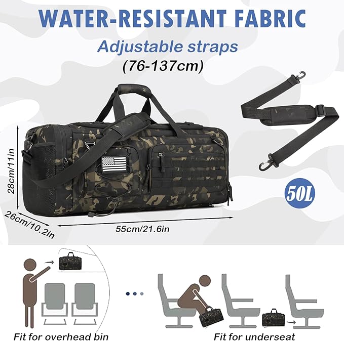 Gym Bag for Men and Women, 50L Extra Large Duffle Bag, 3-in-1 Travel Sports Duffel Bags with Shoe & Laptop Compartment for Overnight Weekender Gym Traveling Workout Deployment, Black CM