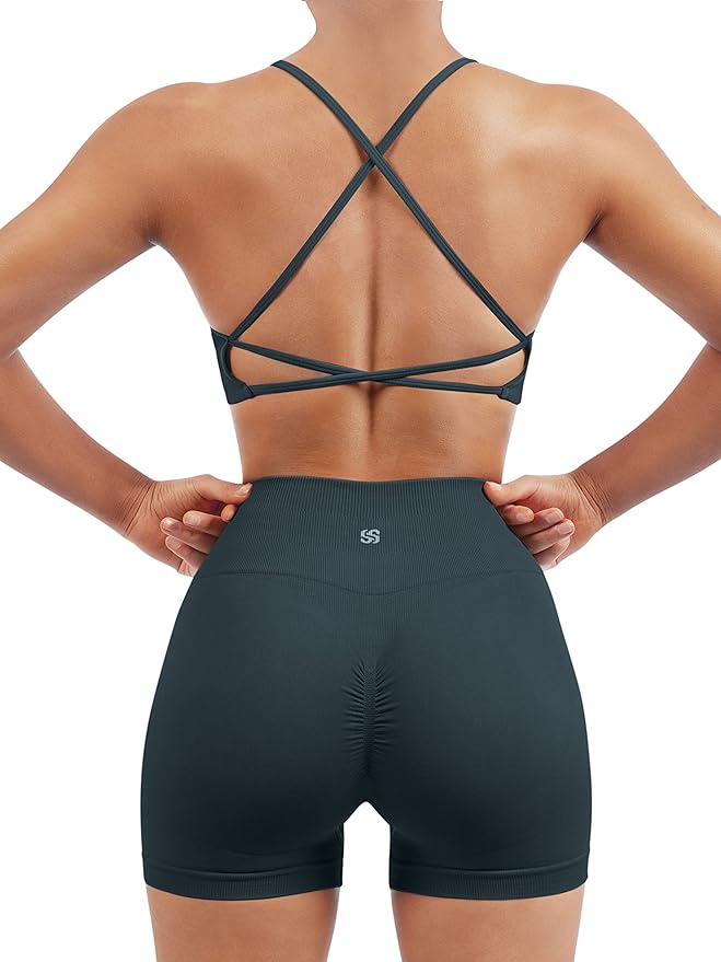 SUUKSESS Women Seamless Workout Sets Strappy Sports Bra High Waist Booty Shorts Outfits