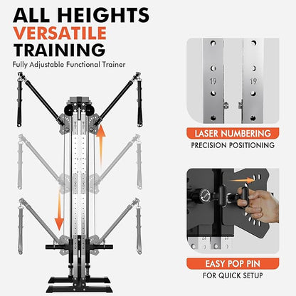 GMWD Cable Machine Home Gym, Wall Mounted Cable Machine with Dual Swivel Arms and 22 Adjustable Positions, All-in-One Cable Crossover Machine for Home Gym, Black