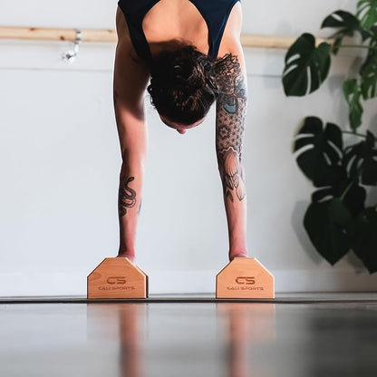 CALI SPORTS Calisthenics Wood Parallettes Bars | Push Up Bar That Will Not Slip or Wobble | Wrist Wraps Included