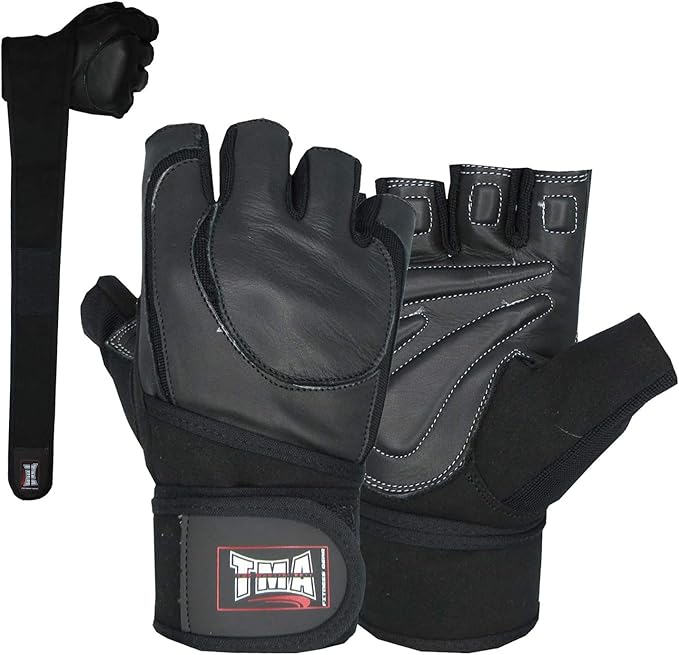 TMA Weight Lifting Gloves for Gym Workout – Cowhide Leather, Long Wrist Support with Anti Slip Palm Protection – Great Grip for Fitness, Bodybuilding, Powerlifting, Strength Training & Exercise