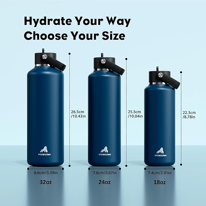 POWCAN 24 oz Water Bottle Insulated: BPA-Free, Leakproof Lid with Straw, Lightweight, Flex Cap, Stainless Steel Insulated Flask for Office, Men, Gym, Commute, Worker, Walking, Cycling (Indigo Blue)