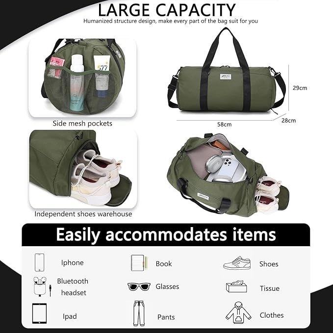 BE SMART Waterproof Mens Gym Bag with Shoe Compartment, Sports Gym Duffle Bag for Men Women, Lightweight Large Sport Duffel Bag for Travel, Sports, Fitness & Workout(Olive Green)