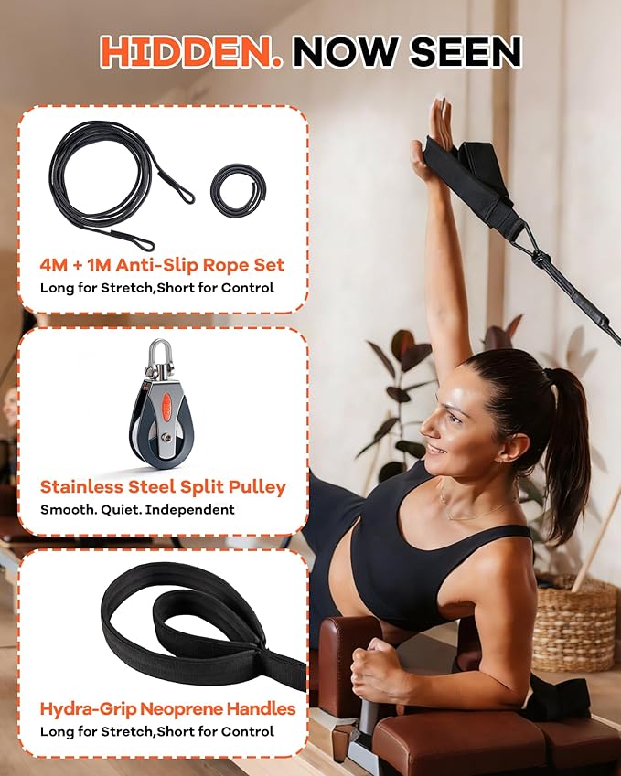 Pilates Reformer Split Rope Upgrade System - Advanced Independent Arm Training Kit with Rope Divider, 4M+1M Cords & 2PCS Pilates Straps for Reformer for Home Studio Strength Workouts