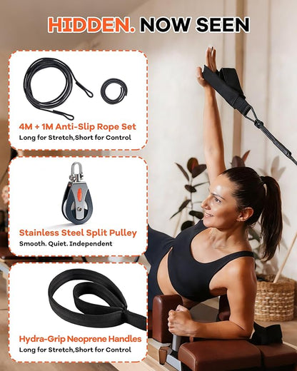 Pilates Reformer Split Rope Upgrade System - Advanced Independent Arm Training Kit with Rope Divider, 4M+1M Cords & 2PCS Pilates Straps for Reformer for Home Studio Strength Workouts