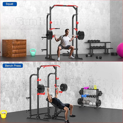 SunHome Power Cage Squat Rack, Power Rack with Pulley System, Adjustable Cable Crossover System, J-Hooks, Dip Handles, Weight Plate Storage