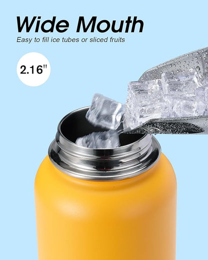 Water Bottle 40 oz Insulated with Straw&Brush, Coolflask Vaccum Stainless Steel Metal 3 Lids Water Flask for Sports, Gym or Office, Keep Cold 48H Hot 24H, Ombre Yellow/Orange