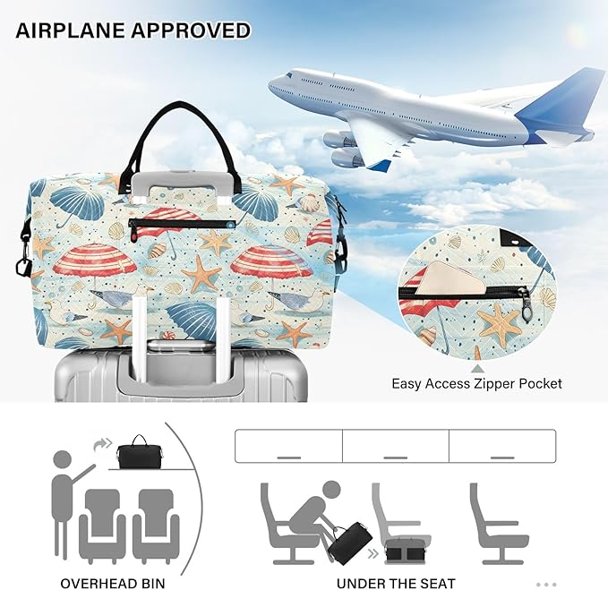 senya Weekender Bags Travel Duffel Gym Bag Coastal Seashells Starfish Seagulls Carry on Overnight Tote Bag with Toiletry Bag for Airplane Travel Trip Gym Yoga, g368736066p1006c1071s2442