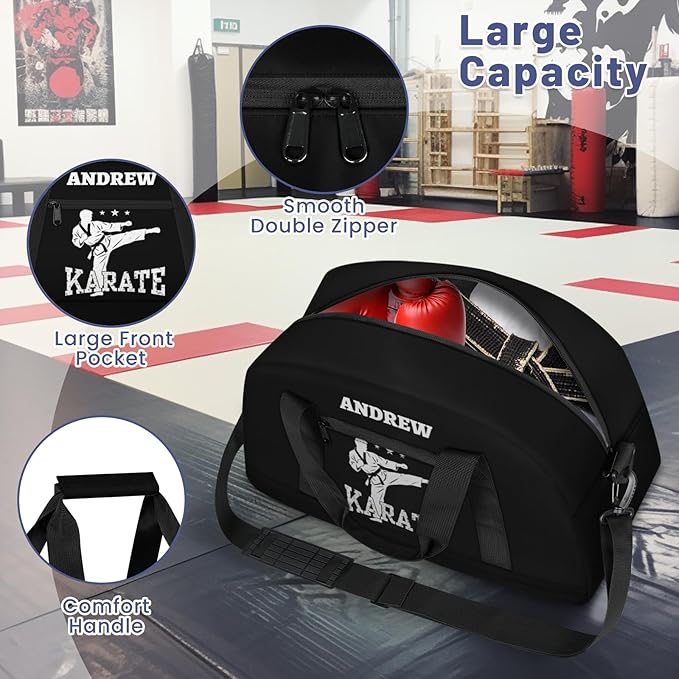Custom Name Taekwondo Karate Duffle Bag for kids Boy Girls - Personalized Martial Arts Gear Bag, Water-Resistant Sparring Equipment Bag, Karate Black