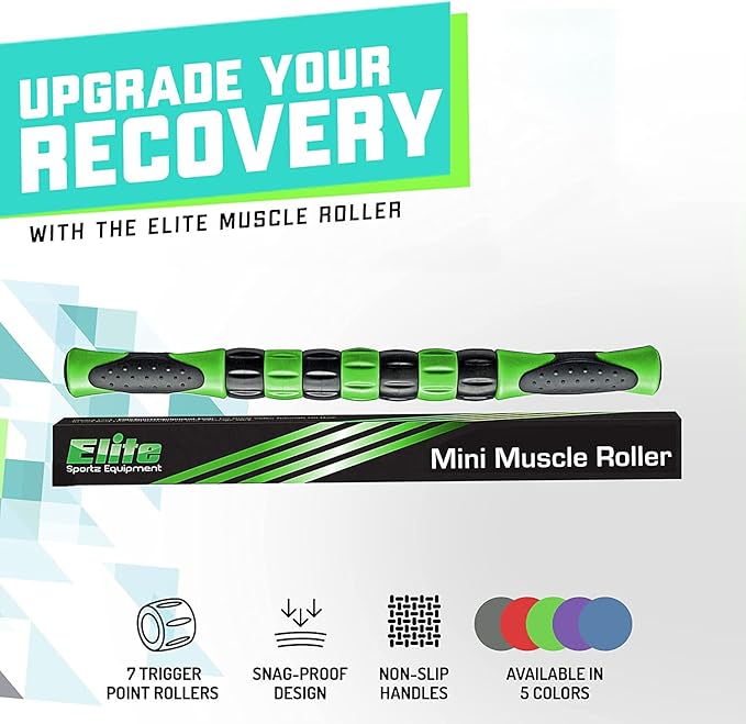 Elite Massage Roller Stick Targets Sore, Tight Leg Muscles to Prevent Cramps and Release Tension. It's Sturdy, Lightweight, Smooth Rolling and Thankfully This Lifesaver has Comfortable Handles.Green