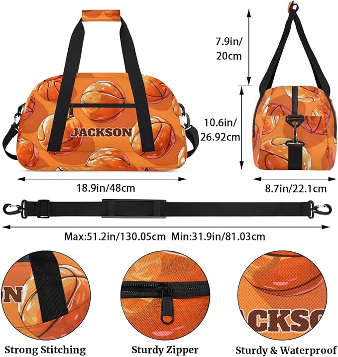 Personalized Kids Basketball Gym Sport Bags with Custom Name Boys Sport Training Travel Bags for Overnight Weekender, Orange