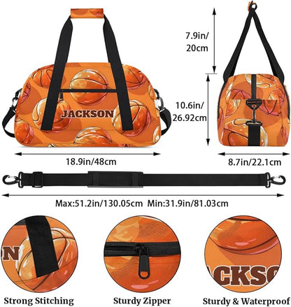 Personalized Kids Basketball Gym Sport Bags with Custom Name Boys Sport Training Travel Bags for Overnight Weekender, Orange