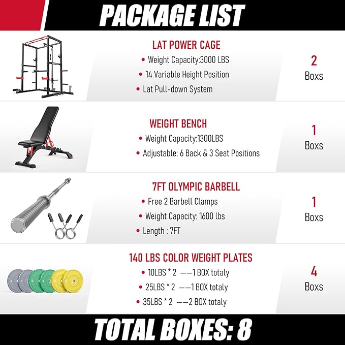Sportsroyals Squat Rack, LAT Power Cage, Power Rack Multi-Function with Pulley System and Training Attachments for Home Gym