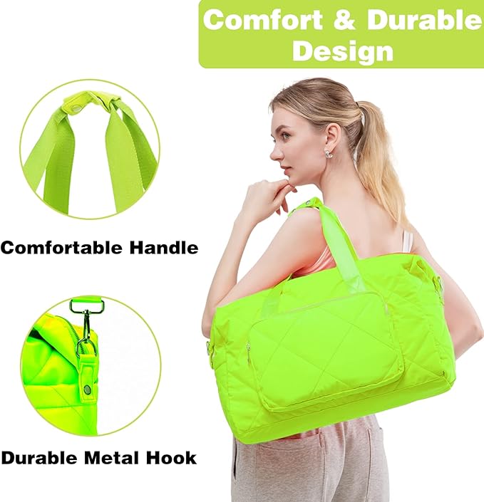 Sports Tote Gym Bag for Women, Travel Duffel Bag, Shoulder Weekender Overnight Bag for Women Girls Travel, Gym, Yoga (Fluorescent Green)