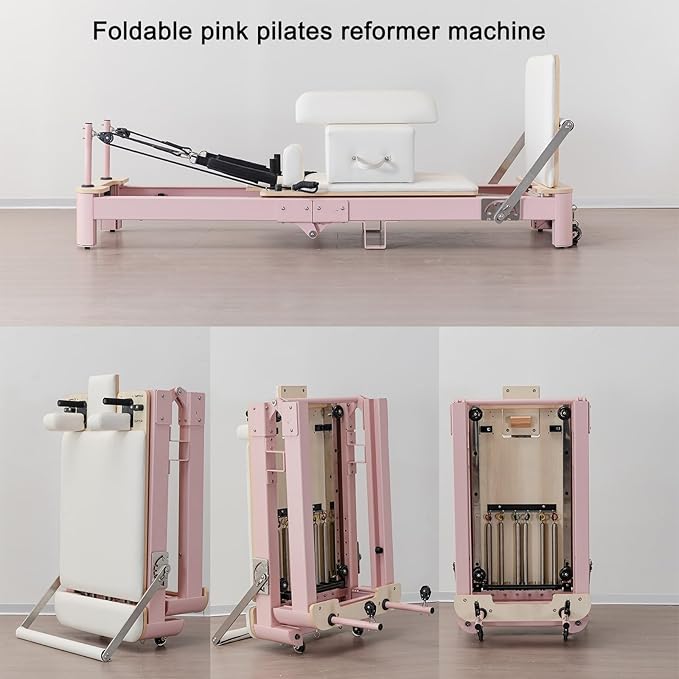 Pink Foldable Pilates Reformer Machine for Home, Aluminum Reformer Pilates Machine for Home and Studio