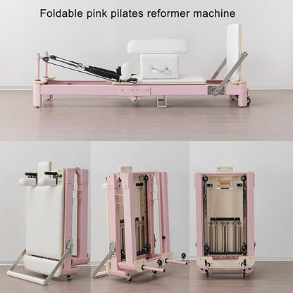 Pink Foldable Pilates Reformer Machine for Home, Aluminum Reformer Pilates Machine for Home and Studio
