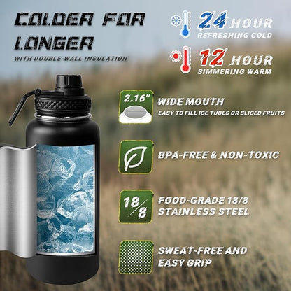 32 Oz Insulated Water Bottle - Stainless Steel Metal Military Black Water Jug with Sleeve, Gym Water Bottles for Men Sports Workout Hiking with Black Water Bottle Pouch