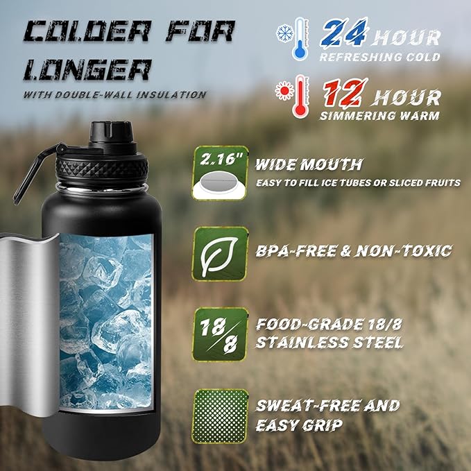 32 oz Insulated Water Bottle with Sleeve - Tactical Stainless Steel Wide Mouth Gym Water Bottles for Men Sports Workout Hiking with Pouch Gray