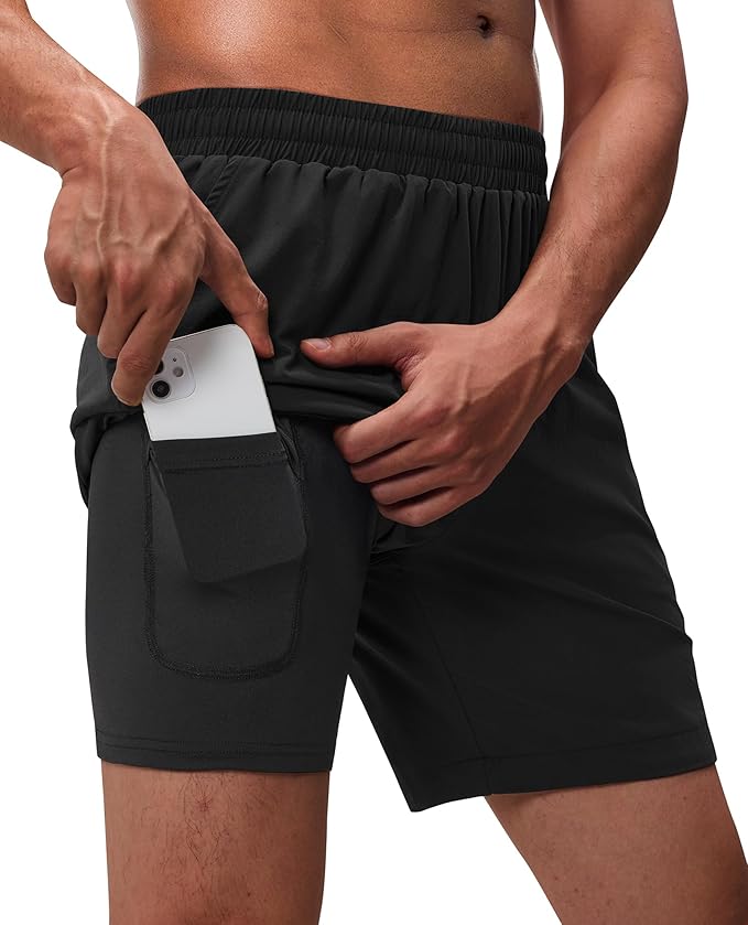 Running Shorts for Men 7 inch Inseam 2 in 1 Quick Dry Athletic Gym Workout Tennis Shorts with Phone Pockets