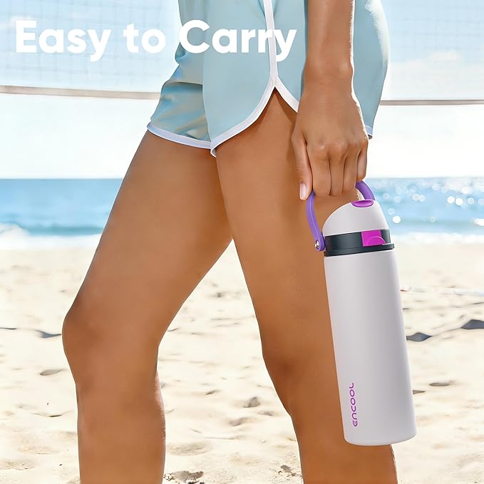 Insulated Water Bottle with Straw - Encool Stainless Steel Water Bottle with Push Button Lid, Leak-Proof & BPA-Free, Keeps Cold for 24 Hours for Sports, Travel, Gym (18 oz, Oyster Pink)