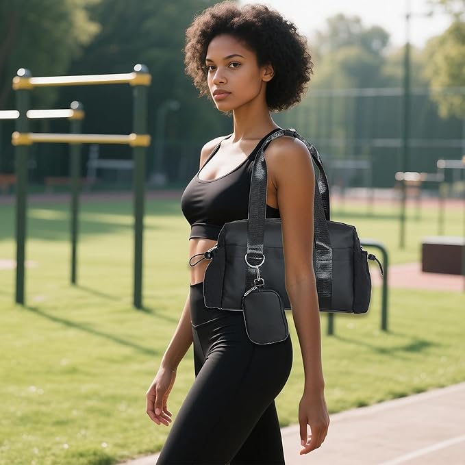 Everyday Mini Gym Bag for Women 2.0, Small Tote with Zipper Compartment Waterproof Travel Duffle Cute Handbag Workout Carry On with Removeable Shoulder Strap & Coin Wallet Easy to Clean - Black