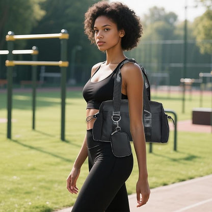 Everyday Mini Gym Bag for Women 2.0, Small Tote with Zipper Compartment Waterproof Travel Duffle Cute Handbag Workout Carry On with Removeable Shoulder Strap & Coin Wallet Easy to Clean - Black