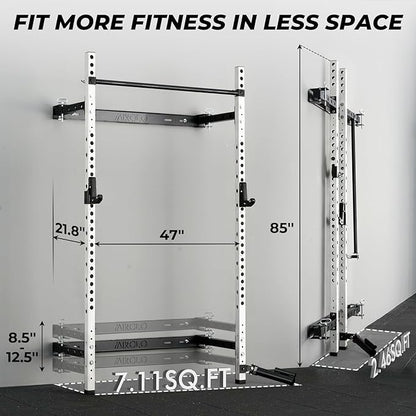 Mikolo 2" x 2" Folding Wall Mounted Squat Rack, 1000 Pounds Capacity Power Rack with Pull Up Bar, J Hooks and Other Attachments, Space-Saving Home Gym