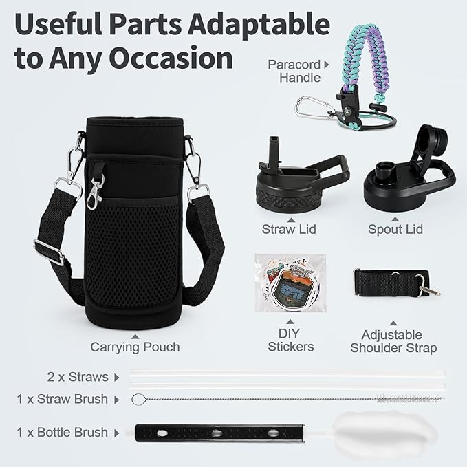 32 oz Insulated Water Bottle with Straw, Stainless Steel Triple Wall Vacuum Sports Water Jug, Leakproof Hydro Cup Flask with Paracord Handle & Straw Spout Lids & DIY Stickers