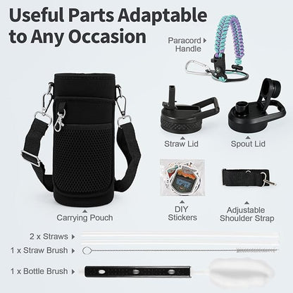 32 oz Insulated Water Bottle with Straw, Stainless Steel Triple Wall Vacuum Sports Water Jug, Leakproof Hydro Cup Flask with Paracord Handle & Straw Spout Lids & DIY Stickers
