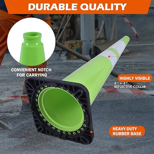 4 Pack 36 Inch Green PVC Traffic Cones Black Base Stable Large Size, Highway Traffic Outdoor Construction Safety Warning Cones (4, Green, 36 Inch)