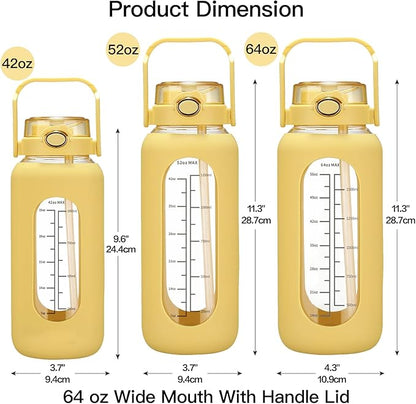 64oz Glass Water Bolttles with Straw Half Gallon Large Motivational Water Bottle with Time Marker Sports Water Bottles with Silicone Sleeve and Handle Lid Water Jug for Gym Workout