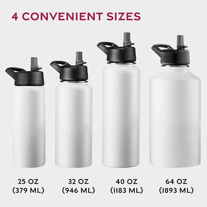 FineDine Triple Walled, Insulated Water Bottles with Straw - 40 Oz Stainless Steel Metal Bottle W/ 3 Leak Proof Lids - For Travel, School, Sports, Gym/Men, Women & Kids - Pure Pearly White