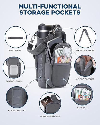 Magnetic Gym Bag Water Bottle Carrier Holder with Phone Pockets & Shoulder Strap for Men Women,Water Bottle Holder, Gym Pouch, Crossbody Bag for Travel, Sports, Work, Fitness - Dark Gray