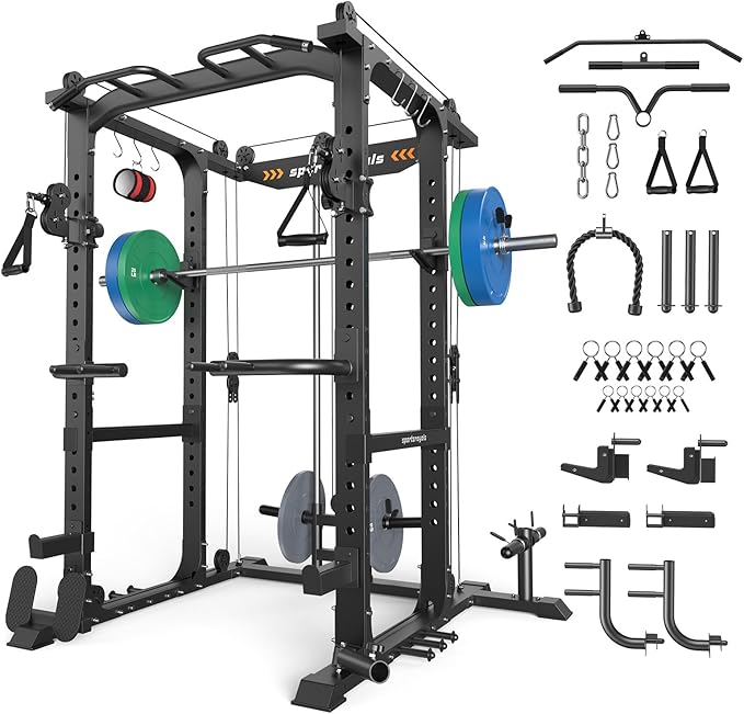 Sportsroyals Squat Rack, LAT Power Cage, Power Rack Multi-Function with Pulley System and Training Attachments for Home Gym