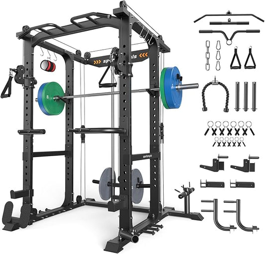 Sportsroyals Squat Rack, LAT Power Cage, Power Rack Multi-Function with Pulley System and Training Attachments for Home Gym