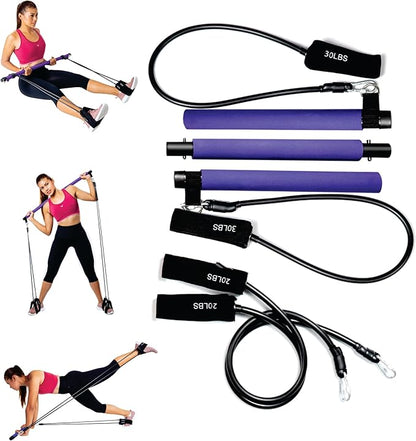 Pilates Bar Kit with Resistance Bands (Up to 100lbs) - Portable Home Gym Equipment for Squats, Yoga, and Full Body Toning - 3-Section Steel Bar + Fabric Booty Band