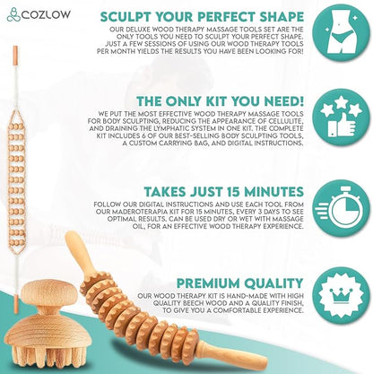 COZLOW 6-in-1 Wood Therapy Massage Tools - Professional Maderoterapia Kit for Body Sculpting, Shaping, Fascia Release & Lymphatic Drainage - Maderotherapy Helps Reduce Cellulite Appearance