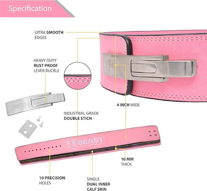 Beast Power Gear Weight Lifting Belt Lever Buckle 10MM 13MM Thick & 4 Inches Free Strap Weightlifting, Powerlifting, Deadlifts, Squats Men Women