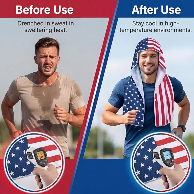 Yi-gog 6Pcs Cooling Hoodie Towel 24"x12" American Flag Ice Cooling Towels UPF 50 Sun Protection Microfiber Absorbent Sweat Rags for Sports Fitness Gym Biking Running