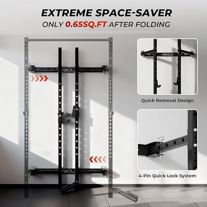 Mikolo 2" x 2" Folding Wall Mounted Squat Rack, 1000 Pounds Capacity Power Rack with Pull Up Bar, J Hooks and Other Attachments, Space-Saving Home Gym