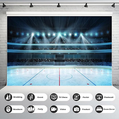 Ice Hockey Sport Backdrop Hockey Stadium Arena Ice Rink Photography Background Stadium Stage Spotlight Backdrop Decors Ice Hockey Match Games Background Newborn Boys Birthday Props 5x3ft