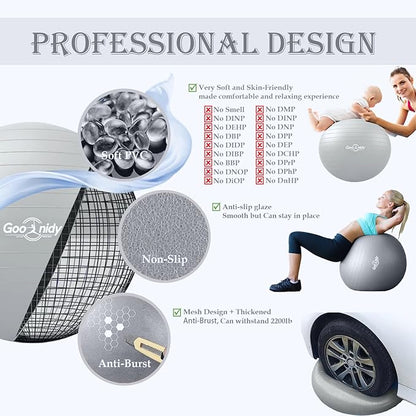 Soft Exercise Ball, Anti-Burst Pilates Yoga Ball Chair Supports 2200lb, Workout Equipment w/ Pump for Women Pregnancy, Medicine, Birthing, Physical Therapy, Stability, Excersing, Birth, Swiss, Fitness