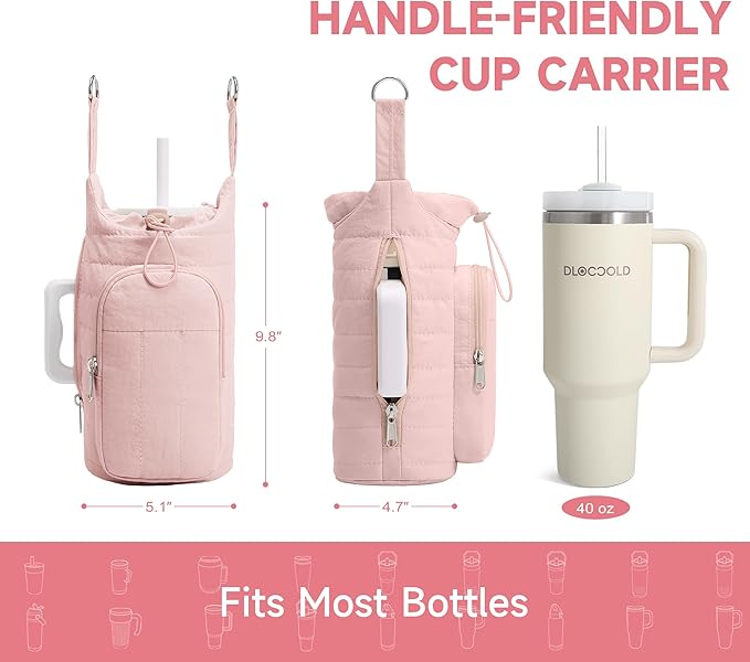 WOOMADA Water Bottle Holder Bag with Strap, 40/32 oz Crossbody Bag Gym Accessories, Sling Purses for Women（Pink）