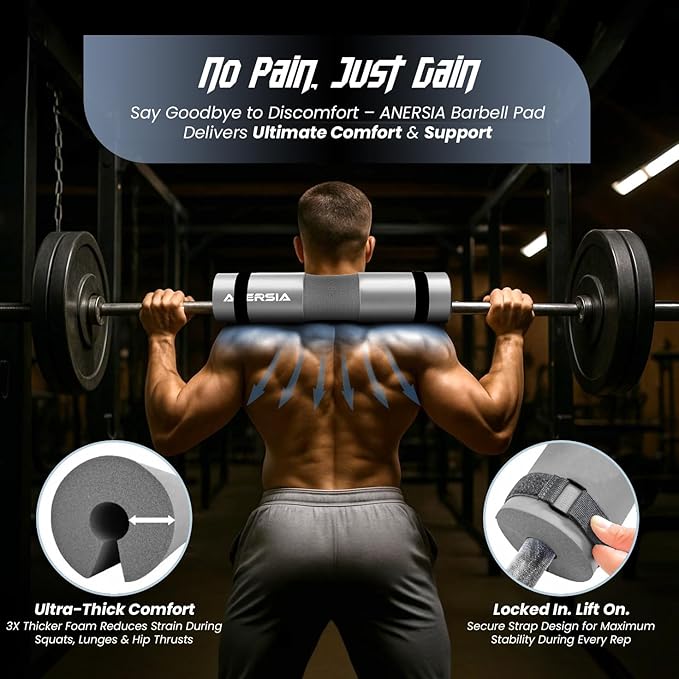 Barbell Pad for Squats & Hip Thrusts – 1.2” Extra-Thick High-Density Foam – Non-Slip Neck & Shoulder Support Cushion – Fits Olympic & Standard Bars – Quick On/Off Design + 2 Securing Straps