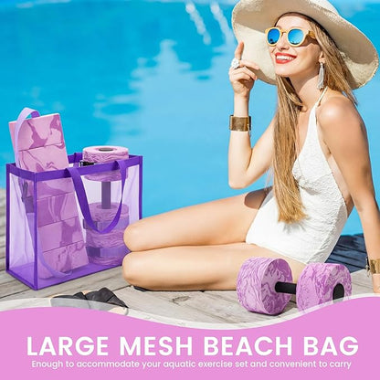 6 Pcs Aquatic Exercise Set Water Aerobics Set Large Mesh Beach Bag Pool Fitness Equipment Foam Water Dumbbell Ankle Swimming Weight Aquatic Swim Belt for Exercise Weight Loss