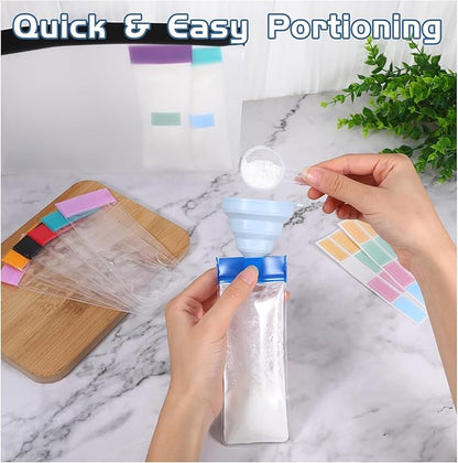 Protein Powder Travel Container Set, Reusable Protein Powder Container Dispenser Supplement with Funnel Spoon Notes 14PCS Single Dose Bags and 2PCS Large Standable Zip Bags for Workout Fitness Travel