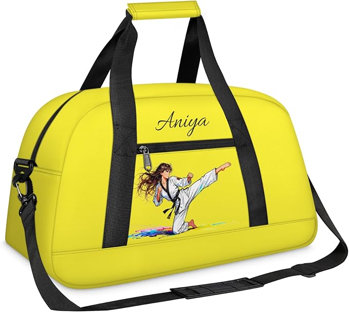 Custom Name Taekwondo Karate Duffle Bag for kids Girls - Personalized Martial Arts Gear Bag, Water-Resistant Sparring Equipment Bag, Taekwondo Yellow